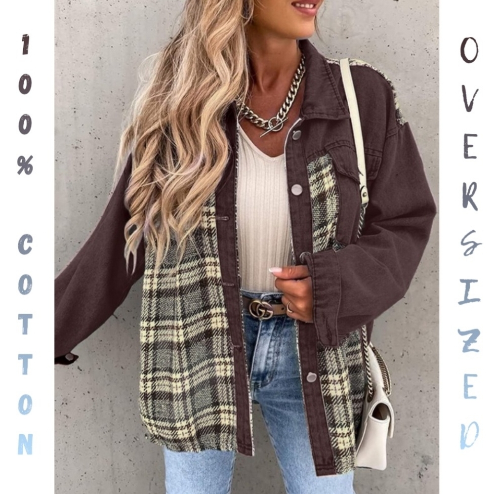 100% Cotton Chocolate Denim Plaid Contrast Jacket